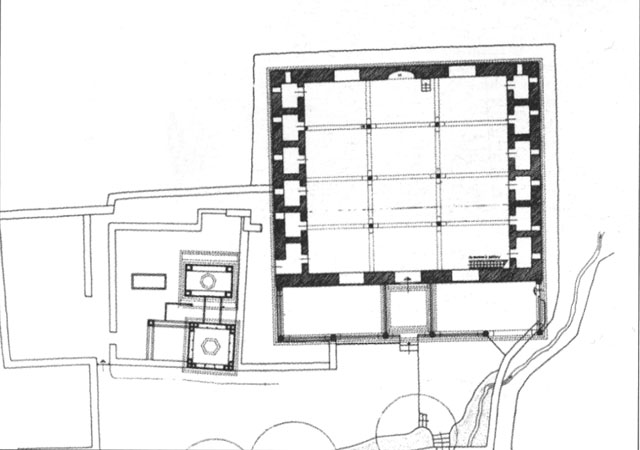 Floor plan of the shrine complex showing khanqah (right) and the two saints' tombs (left)