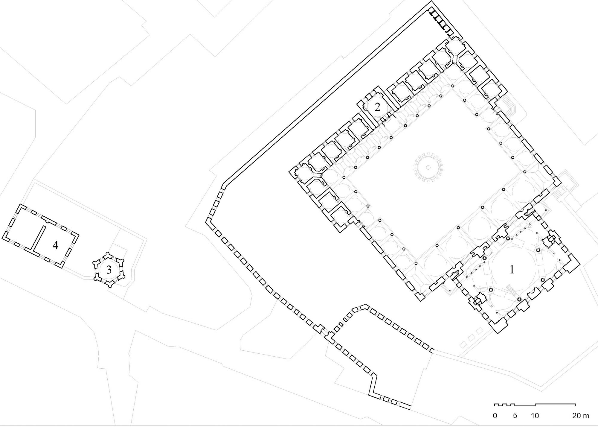 Kara Ahmed Paşa Külliyesi - Floor plan of complex showing (1) mosque, (2) madrasa, (3) mausoleum, (4) elementary school. DWG file in AutoCAD 2000 format. Click the download button to download a zipped file containing the .dwg file.