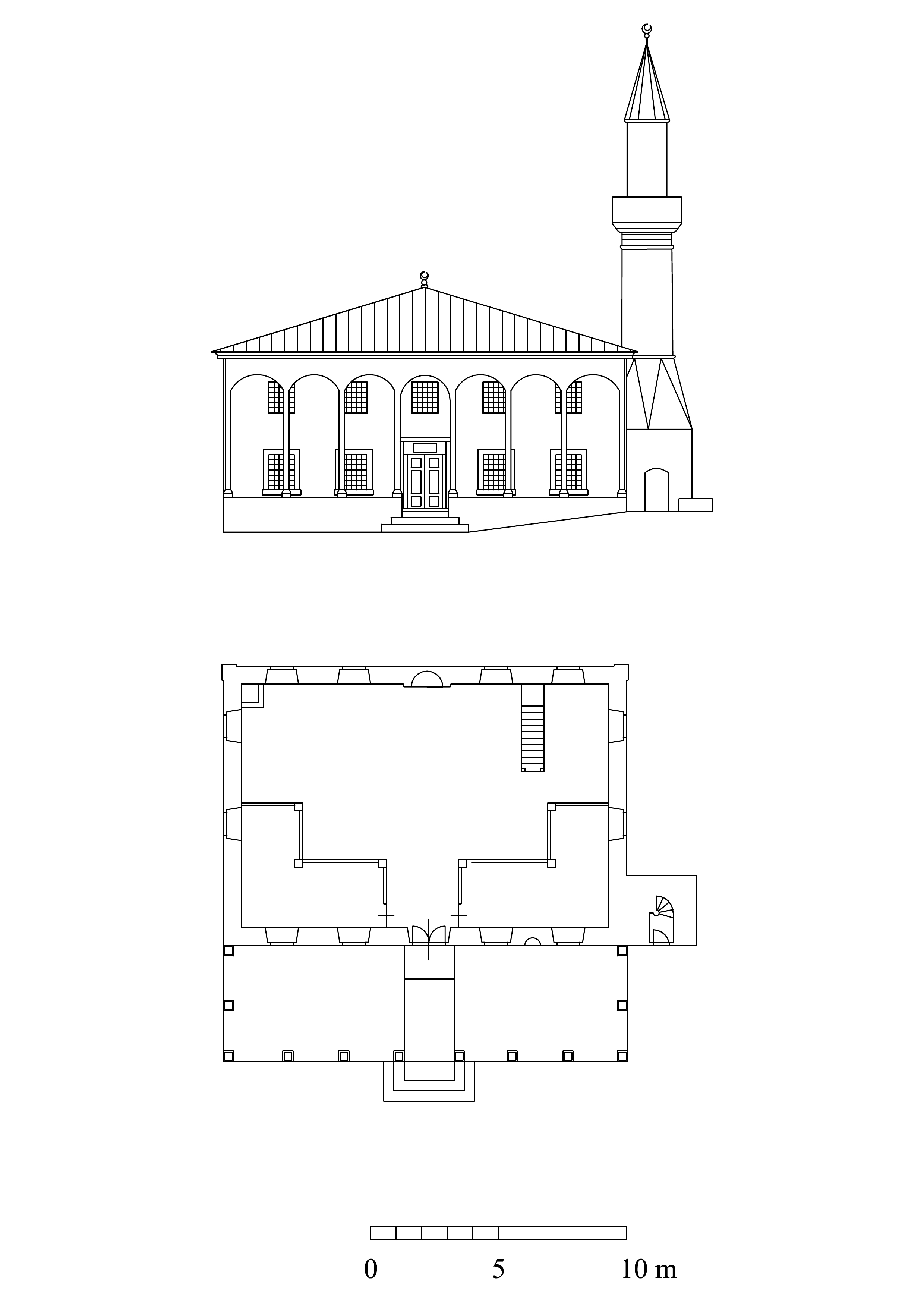 Semiz Ali Paşa Camii - Floor plan and cross-section of mosque. DWG file in AutoCAD 2000 format. Click the download button to download a zipped file containing the .dwg file.