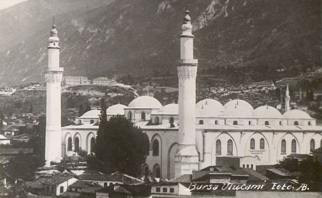 Exterior view from northwest, showing plastered exterior of mosque which was stripped to reveal the limestone façades in 1959