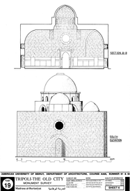 Drawing of the building, based on survey: Section and south elevation.