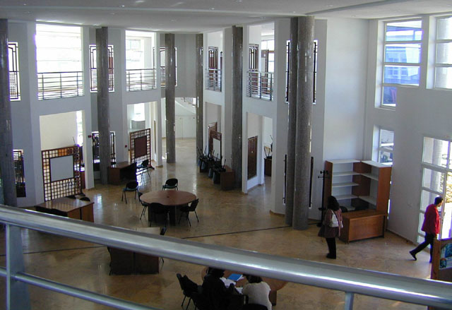 Interior view, looking down at common space