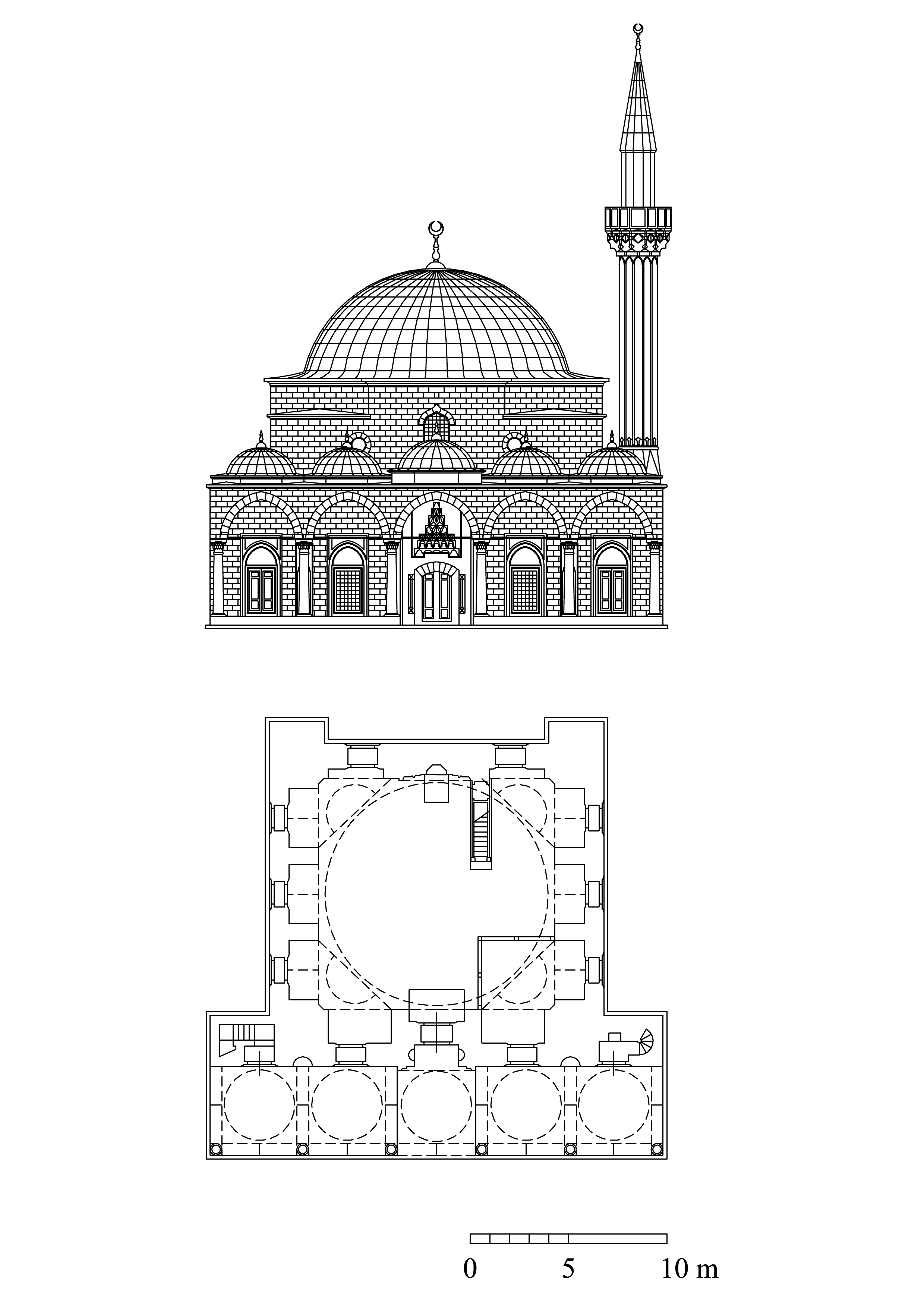 Bali Pasa Mosque - Floor plan and elevation. DWG file in AutoCAD 2000 format. Click the download button to download a zipped file containing the .dwg file.