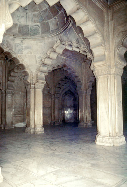 Interior view of prayer hall, showing mihrab
