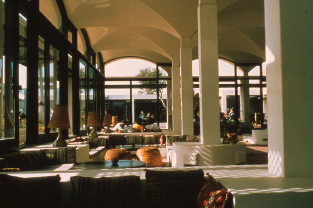 Interior view showing cross-vaulting of glazed dining area