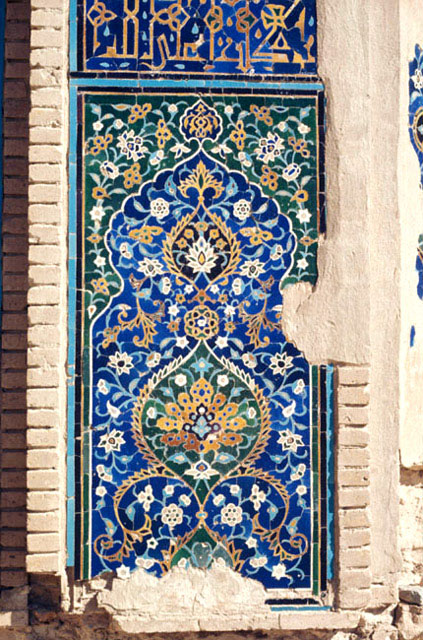 Detail of sanctuary iwan; tile panel with floral arabesques topped by inscription