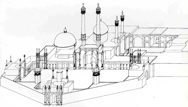 Axonometric drawing of shrine complex, looking west