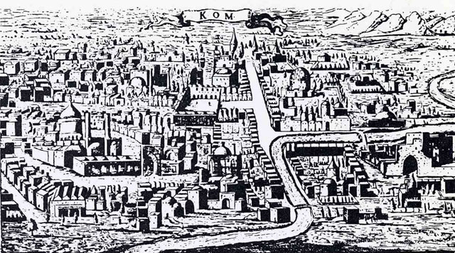 Engraving of the city of Qum by Adam Olearius, ambassador of the Duke of Holstein-Gottorp to the Shah of Persia. The shrine complex appears on the left middleground
