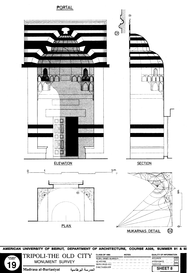 Drawing of the building, based on survey: Portal plan, section, and details.