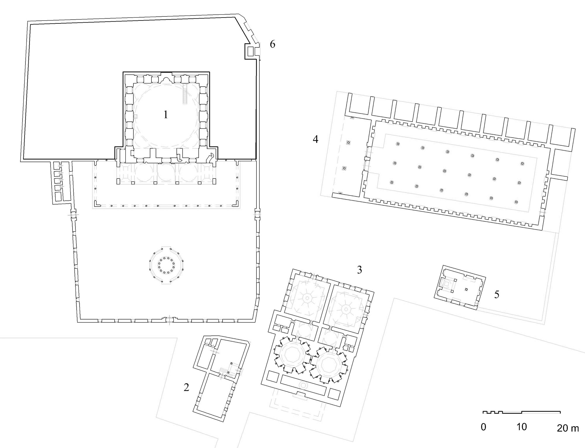  Pertev Mehmet Paşa Külliyesi - Floor plan of complex showing (1) mosque, (2) elementary school, (3) double bath, (4) caravanserai with shops, (5) hospice, (6) reservoir with public fountains. DWG file in AutoCAD 2000 format. Click the download button to download a zipped file containing the .dwg file.
