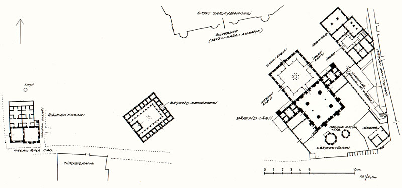 II. Bayezid Külliyesi (Istanbul) - Restitution site plan of the complex, showing soup-kitchen (imaret) and caravanserai (kervansaray) flanking the mosque to the northeast.  The tombs (türbe) of Bayezid II and Selçuk Hatun seen behind qibla wall to the southeast, where the Quranic school (mekteb) is also located.  Further west are the madrasa (medrese) and baths (hamam)
