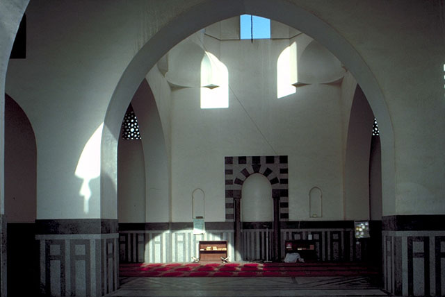 Interior, prayer hall view to mihrab