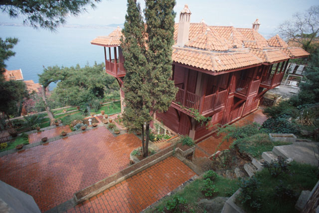 Elevated view showing brick paved terrace