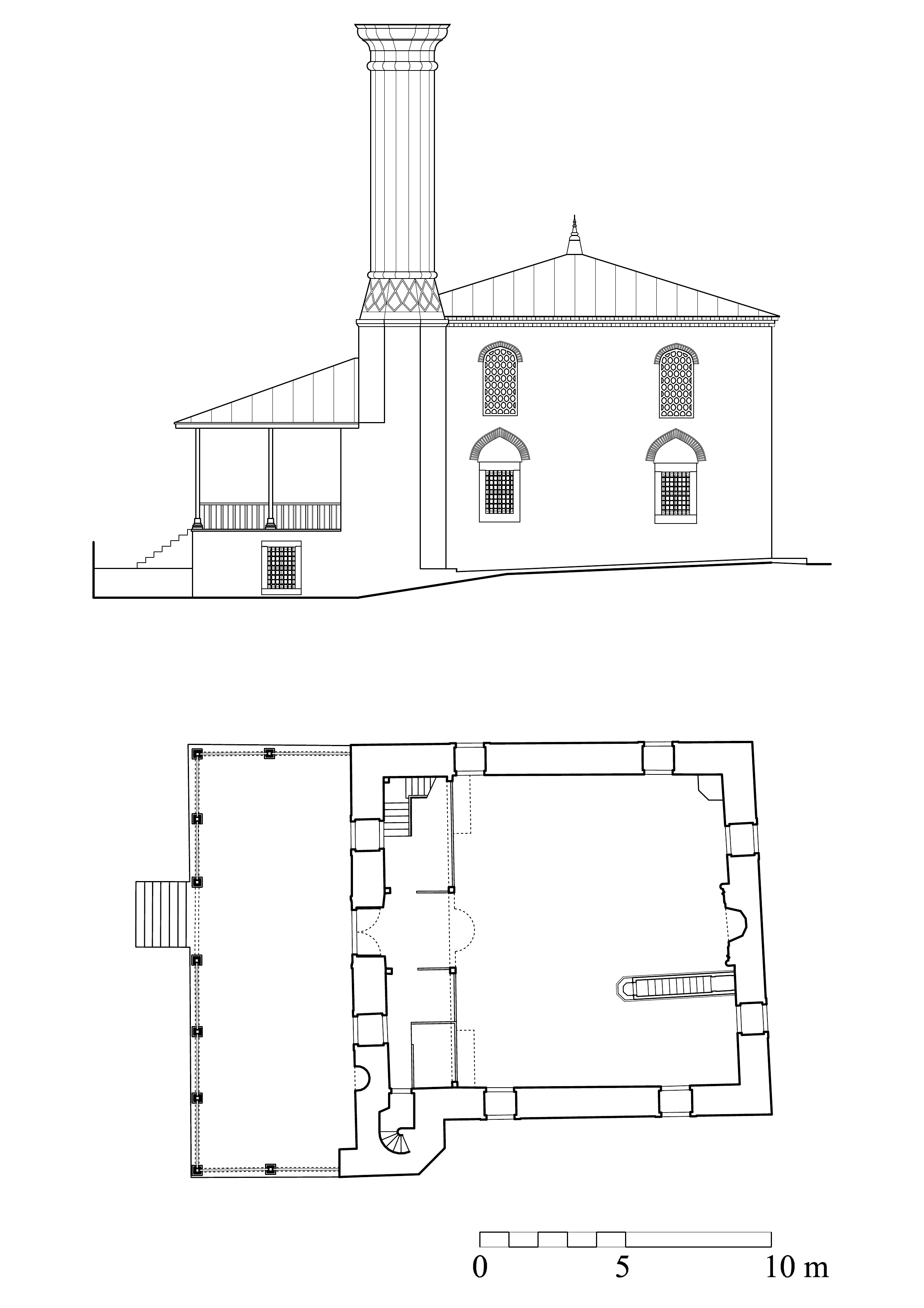 Floor plan and elevation of Ferhad Pasa Mosque at Kastamonu