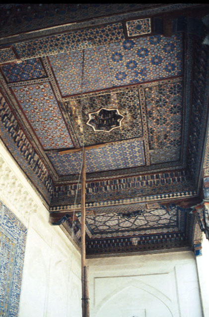 View of the richly decorated wood ceiling of the portico