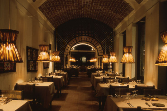 Interior view showing brick vaulted dining area