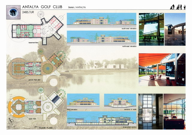 Presentation panel with floor plans, elevations, sections and photographs of the Golf Club