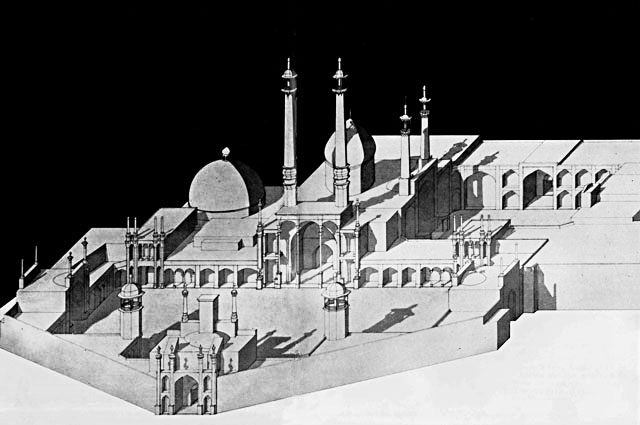 Shaded axonometric drawing of shrine complex, looking west