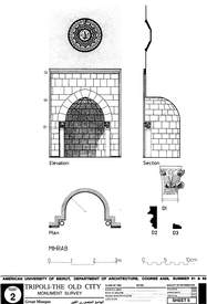 Jami' al-Mansuri al-Kabir - Drawing of the building, based on survey: Mihrab plan, elevation, section and details.