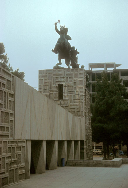Exterior view, with equestrian sculpture