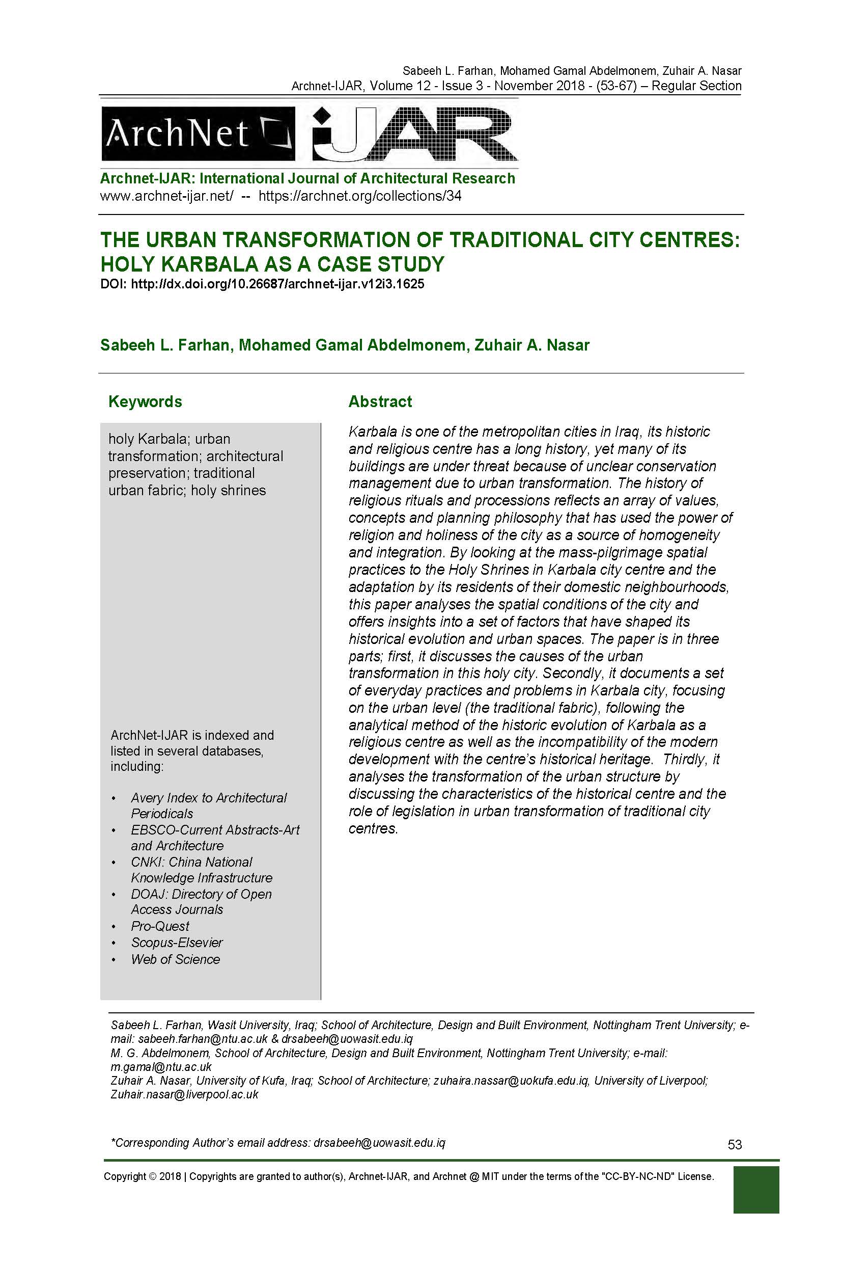 The Urban Transformation of Traditional City Centres: Holy Karbala as a Case Study
