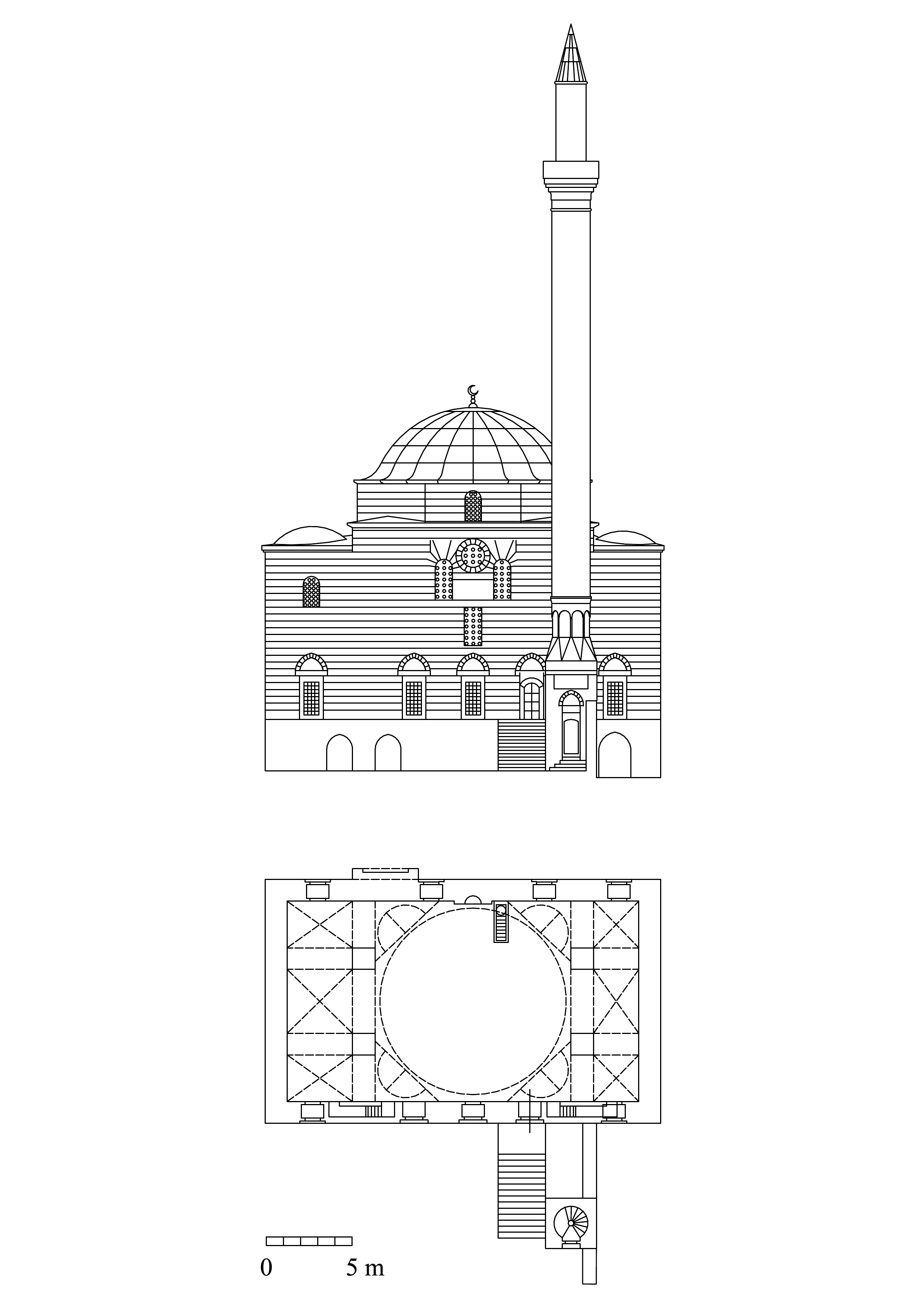 Floor plan and elevation of Melek Ahmed Pasa Mosque