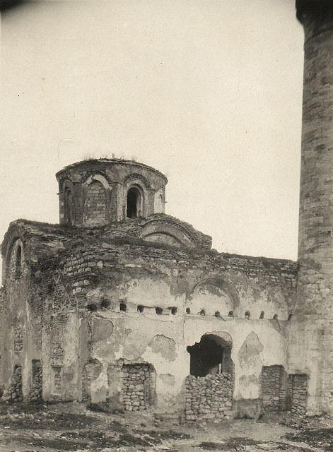 Exterior view from northwest after the 1911 fire, showing narthex with blocked entrance and windows