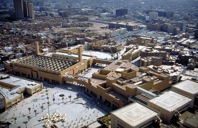 Aerial view of the mosque (left) and Justice Palace (right)