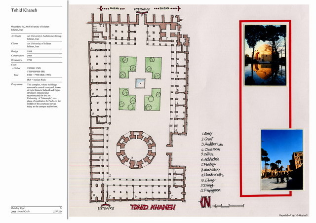 Presentation panel with floor plan of Tohid Khaneh with legend, and exterior views
