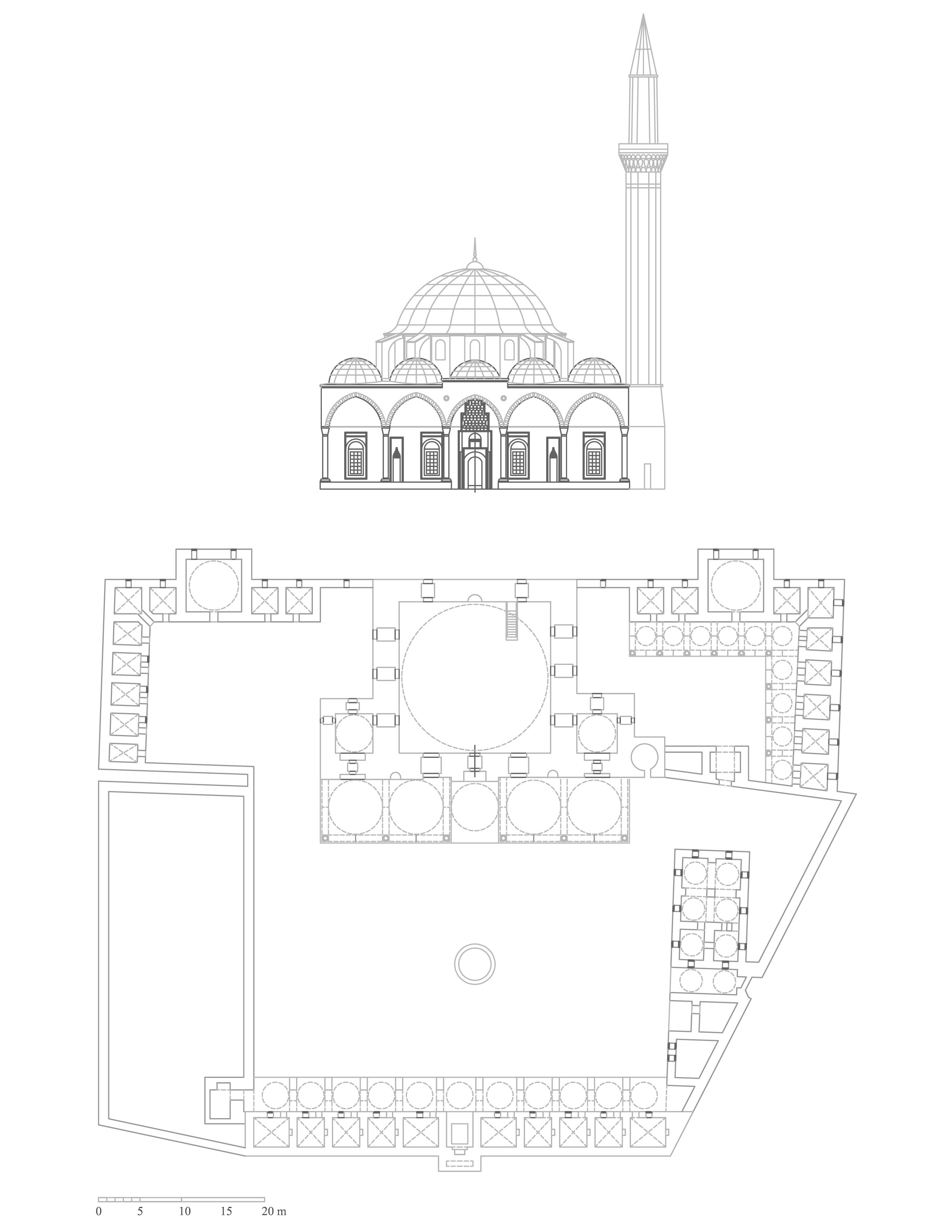 Jami' wa-Madrasa al-Khusruwiyya - Reconstruction plan of the complex and mosque elevation. DWG file in AutoCAD 2000 format. Click the download button to download a zipped file containing the .dwg file.