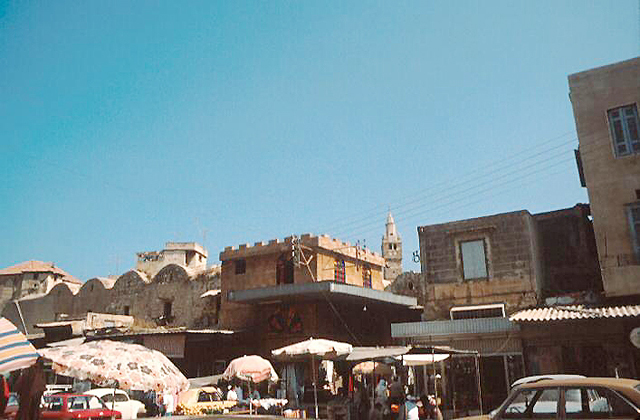 Khan al-Misriyyin - General view with souk in the foreground and minaret of al Attar mosque in the background