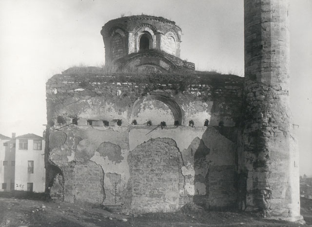 Exterior view from west looking at narthex after the 1911 fire; the door and windows have been filled in with masonry