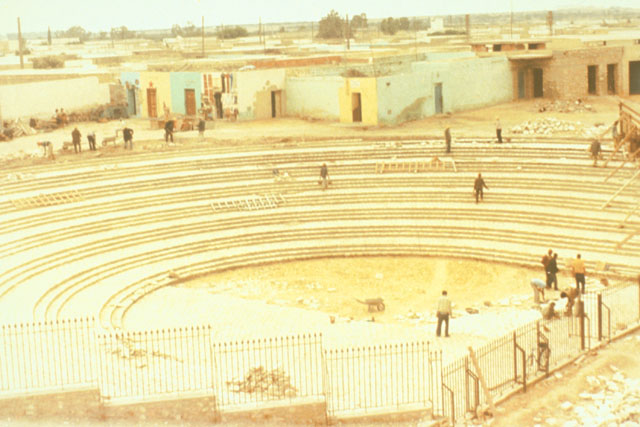 Elevated view showing stage and seating restored