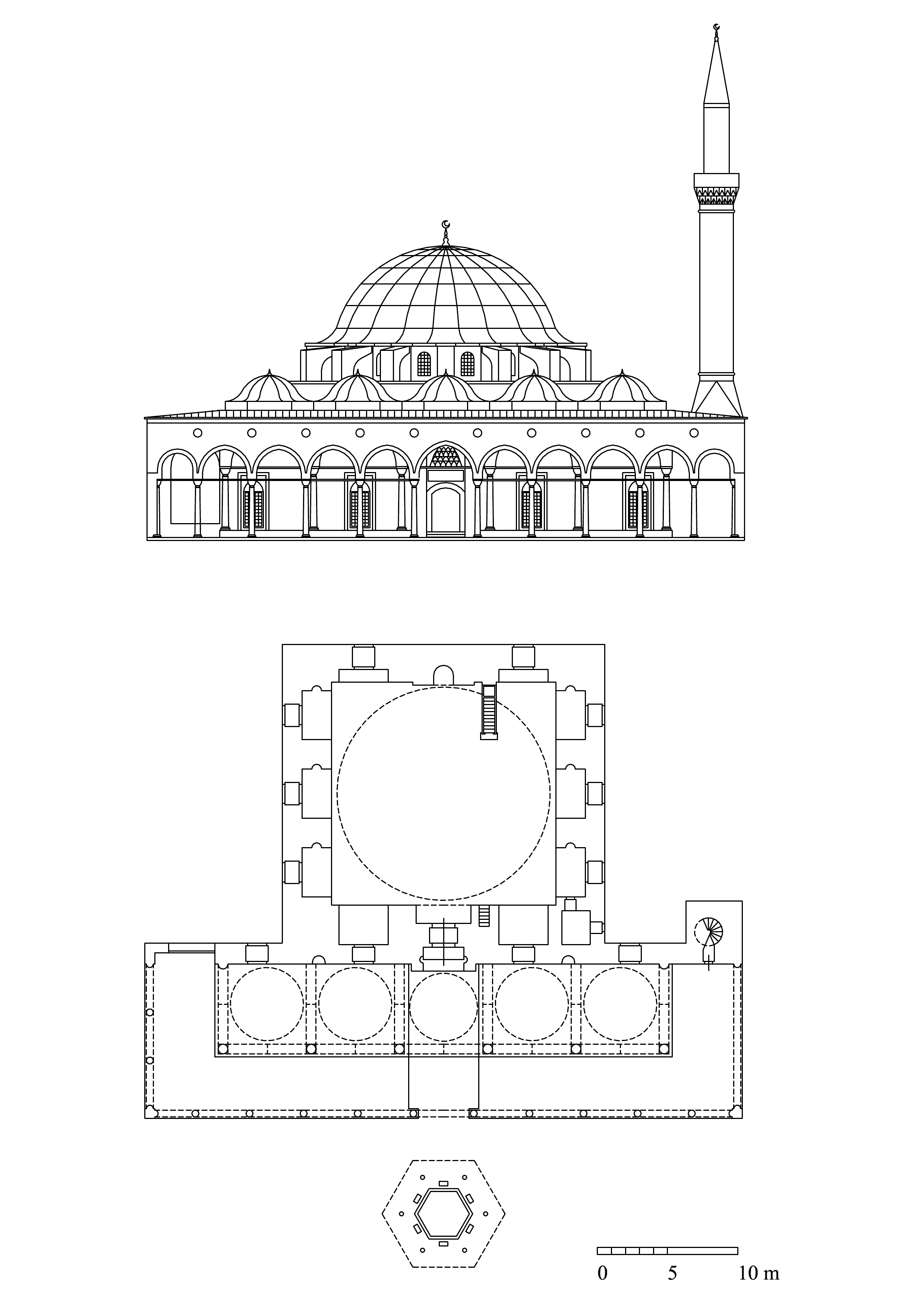 Floor plan and elevation of Adiliyya Mosque