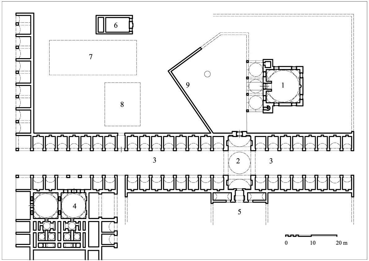 Sokollu Kasim Bey Külliyesi - Floor plan of complex showing (1) mosque with missing portico (hypothetical reconstruction), (2) prayer dome, (3) reconstruction of <i>arasta</i>, (4) double bath with corner fountain, (5) site of double caravanserai with guestrooms and hospice, (6) pre-existing masjid, (7) modern elementary school, (8) modern structure, (9) excavated wall. DWG file in AutoCAD 2000 format. Click the download button to download a zipped file containing the .dwg file.