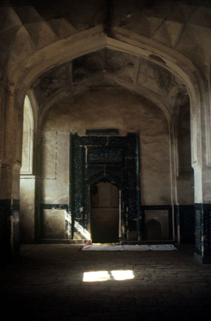 Interior view looking toward the mihrab on the western (qibla) bay of the mosque
