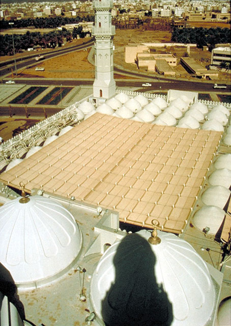 Aerial view of the courtyard covered by a retractable tent roof