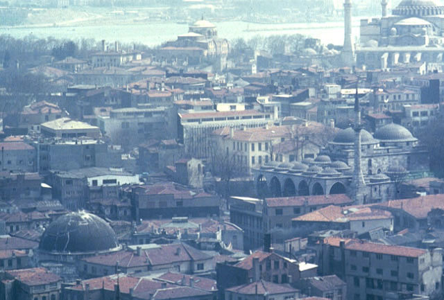 Elevated view from northwest showing mosque and baths in their neighborhood. The churches of Hagia Irene (center) and Hagia Sophia (right) are visible in the background