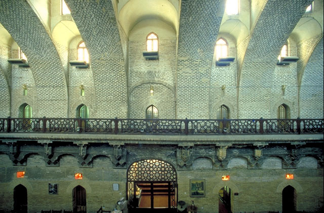 Interior, ribbed, brick, vaulted ceiling
