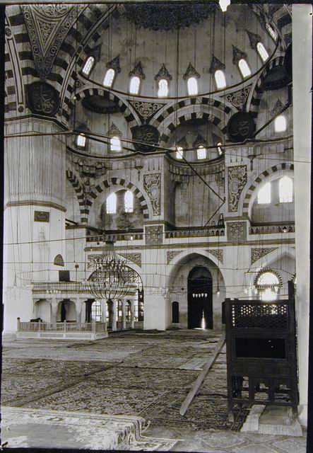 Interior view of mosque looking northwest at the entrance and muezzin's lodge (müezzin mahfili)