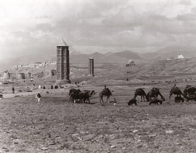 General view from east showing Minaret of Mas'ud III Minaret with Bahram Shah Minaret and Palace of Mas'ud III seen in the background