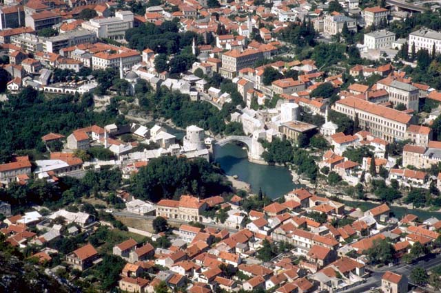 Aerial view from the southwest of Old Mostar
