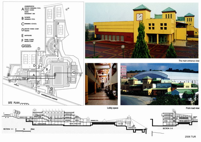 Presentation panel with site plan, site sections, and exterior and interior views