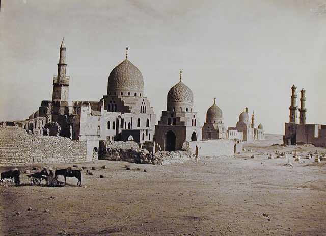 General view looking north showing, from left to right, two domes of the Sultan al-Ashraf Barsbay Funerary Complex, Mausoleum of Amir Gani Bak al-Ashrafi, Funerary Complex of Amir Qurqumas, Mosque of Sultan al-Ashraf Inal and the two minarets of Sultan Faraj Ibn Barquq Funerary Complex