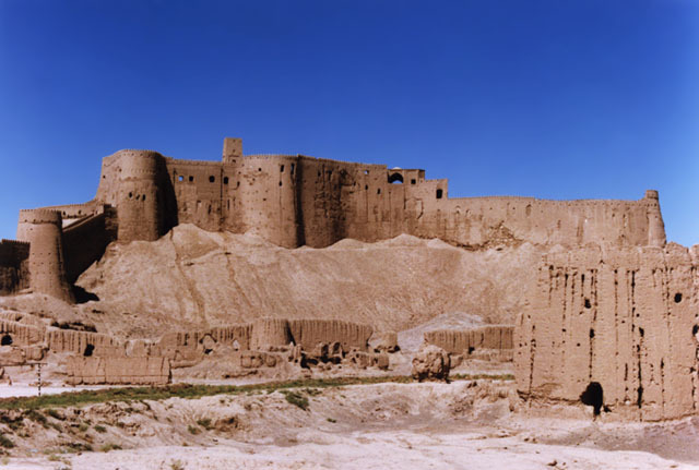 View of the northeastern wall and its bastions behind the governor's mansion, before the earthquake