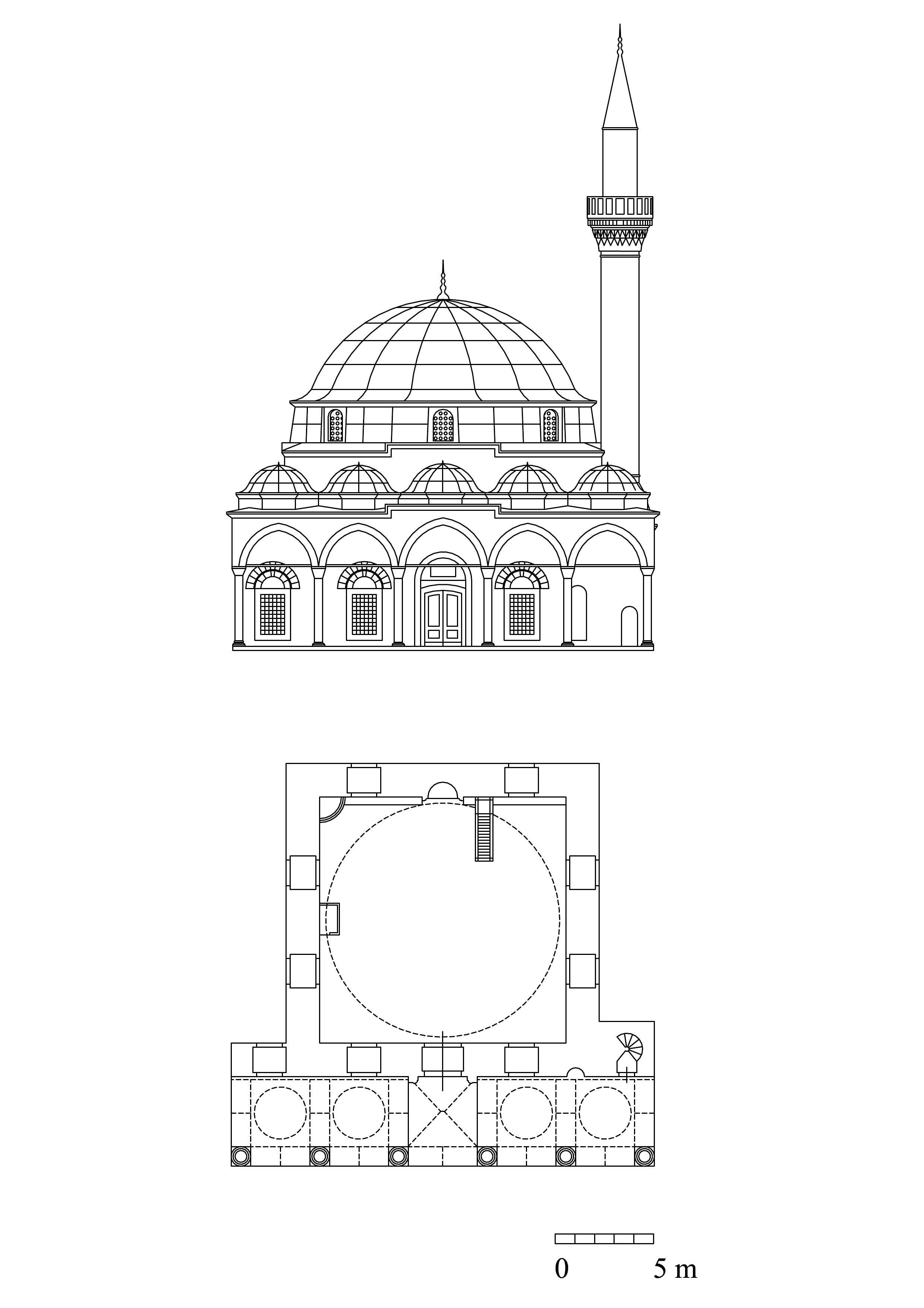 Floor plan and elevation of Firdevs Bey Mosque