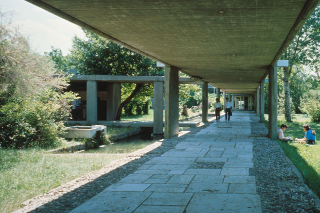 Exterior view along covered walkway through wooded garden