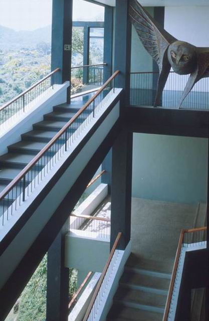 View from open staircase of building exterior