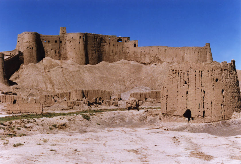 View of the northeastern wall and its bastions behind the governor's mansion, before the earthquake