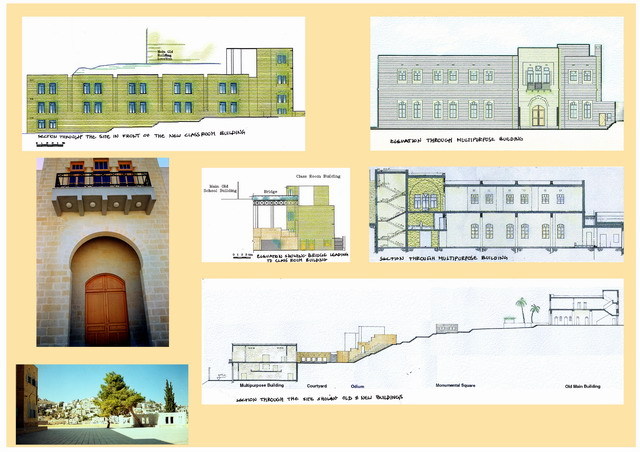 Presentation panel with site section, and elevation, section and views of new building